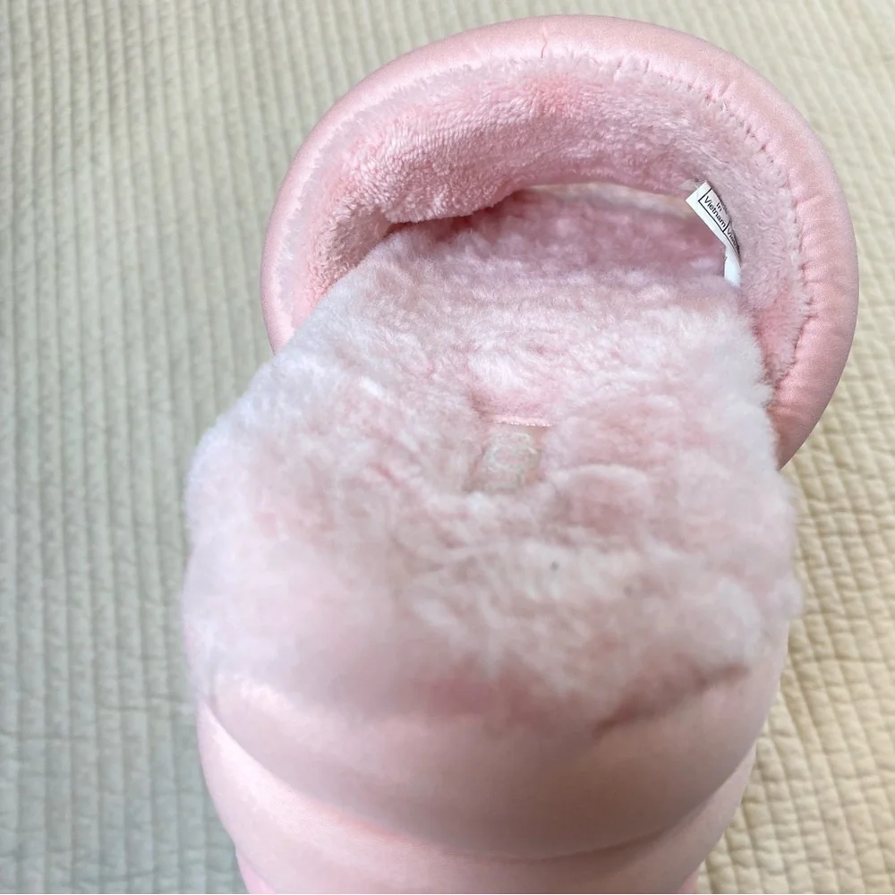 UGG Womens Maxi Slide Logo Sandal Pink Scallop Puff Platform Fur Lined Size 8